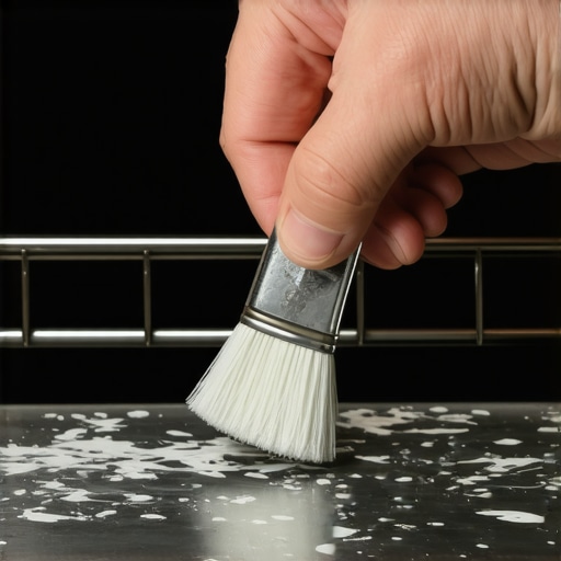 Close-up of an oven hinge being lubricated with food-grade grease.