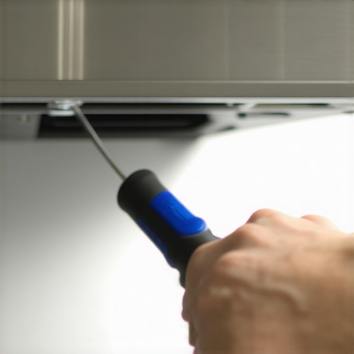 Technician using a torque screwdriver on a kitchen vent hood