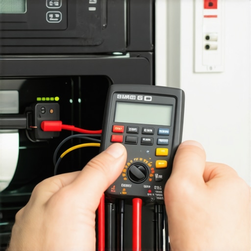 Technician using a multimeter to check a smart oven control board for maintenance purposes.