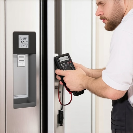 A technician checking a refrigerator's electronic components to ensure a high-quality repair.