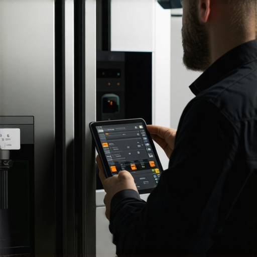 Technician performing an advanced diagnostic on a modern refrigerator with electronic tools.