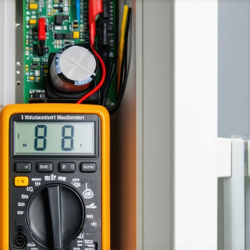 A digital multimeter being used to test an appliance capacitor for warranty verification.