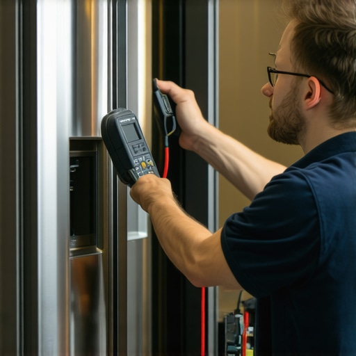 Technician checking voltage on a refrigerator outlet to ensure warranty compliance.