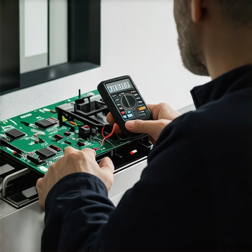 Technician testing an appliance control board with a multimeter to ensure warranty compliance.