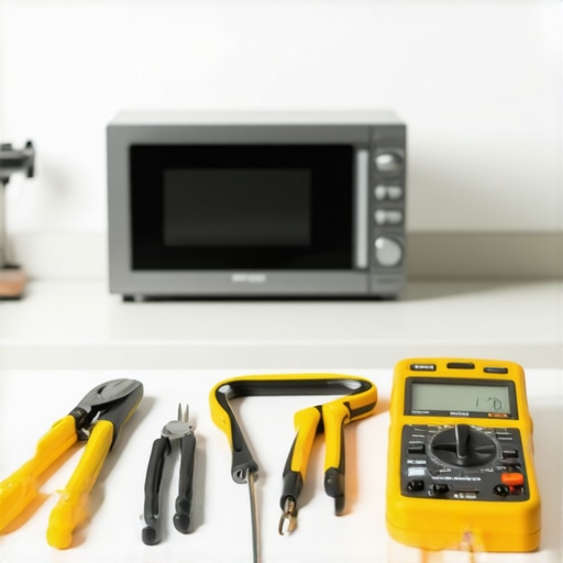 A collection of precision tools and a multimeter used for non-invasive microwave and appliance repair.