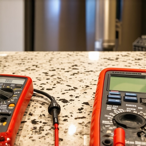 A digital multimeter and high-loop bracket for dishwasher maintenance.