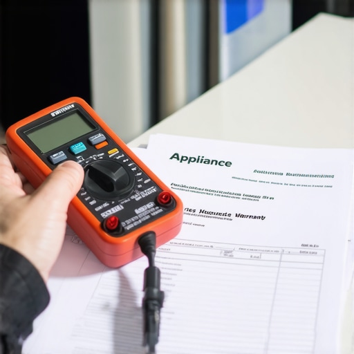 A technician checking a refrigerator while holding warranty papers and a multimeter.