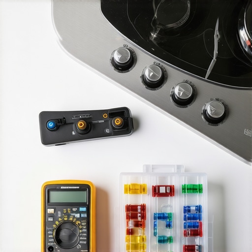 Close up of multimeter and replacement fuses for an electric range repair.