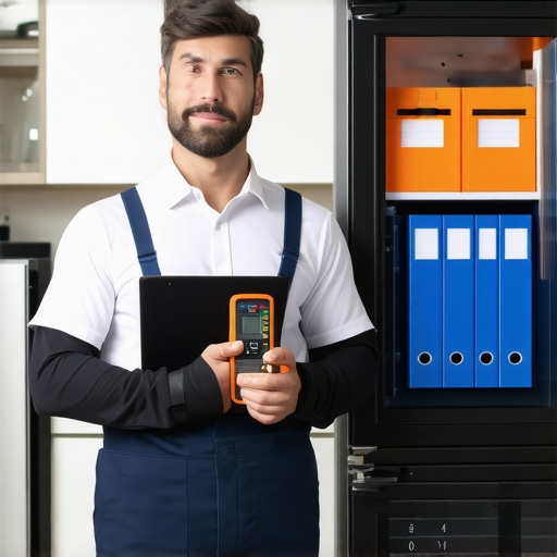 Technician verifying appliance warranty documentation in a modern kitchen.