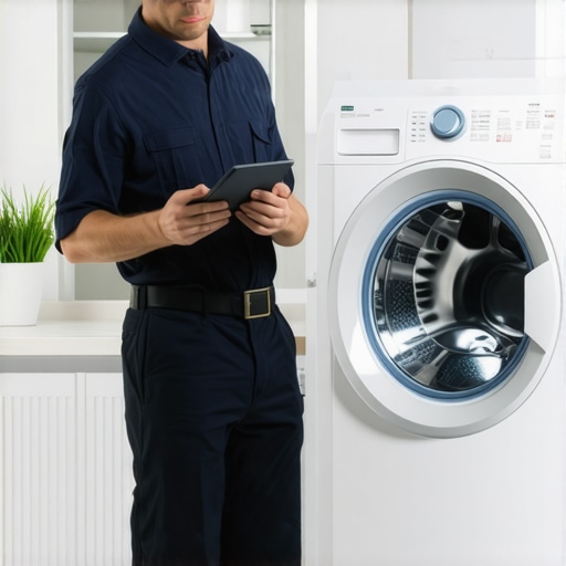 A technician verifying washing machine warranty details during a professional installation.