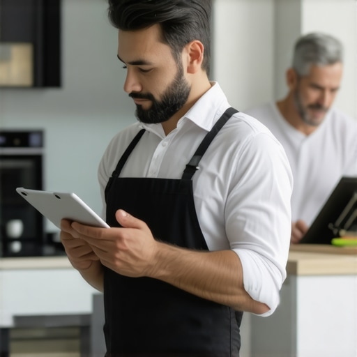Technician checking appliance warranty details in a modern kitchen with a homeowner.