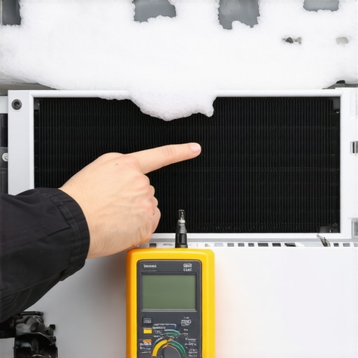A close-up view of a refrigerator technician using tools to inspect a frost-covered evaporator coil.