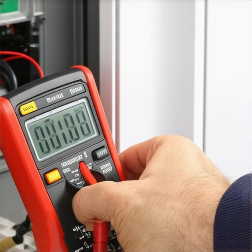 A digital multimeter testing a home appliance control panel