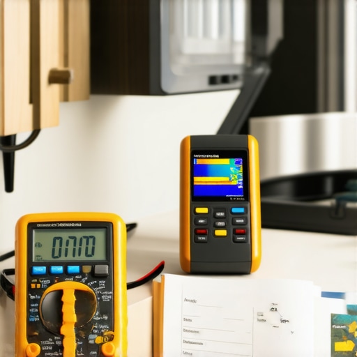 A digital multimeter and thermal camera used for diagnosing appliance warranty issues.