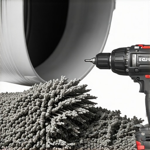Close-up of a drill-powered brush removing lint from a dryer vent duct.