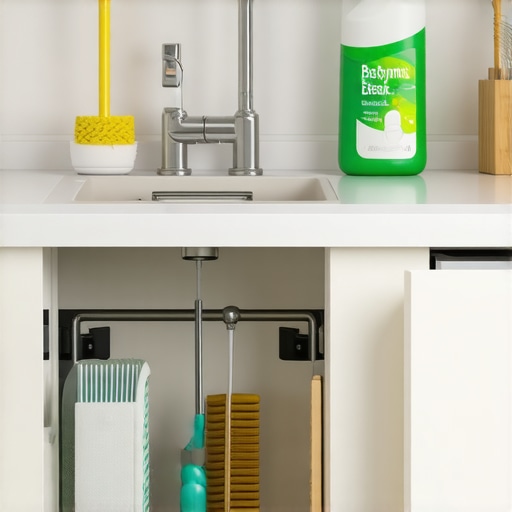 A garbage disposal unit under a sink with maintenance tools and enzyme cleaner.