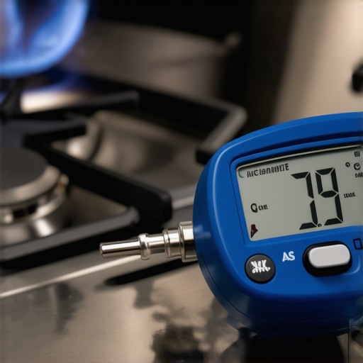 A digital manometer measuring gas pressure on a kitchen range for safety.