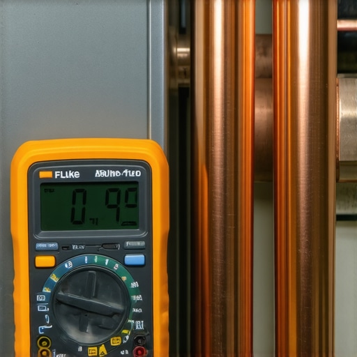 A digital multimeter on an air handler for appliance maintenance.