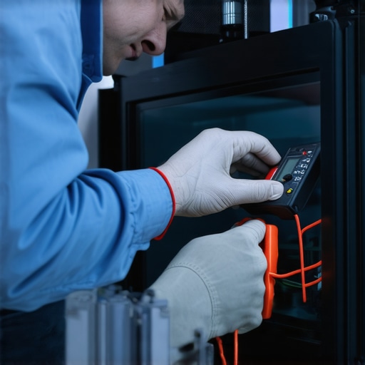 A technician performing a professional diagnostic test on a microwave to ensure warranty compliance.