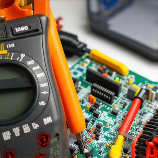 Close up of a multimeter probe touching a dishwasher control board for diagnostic testing.