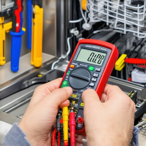 Technician using a digital multimeter to diagnose a dishwasher control board.