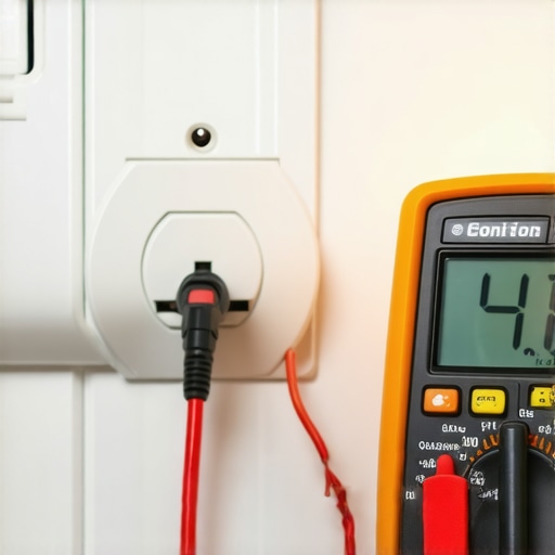 Technician using a digital multimeter to check the voltage of a 4-prong dryer outlet for safe installation.
