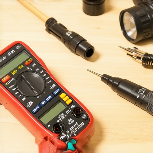 A technician using a digital multimeter to diagnose a microwave waveguide for electrical issues.