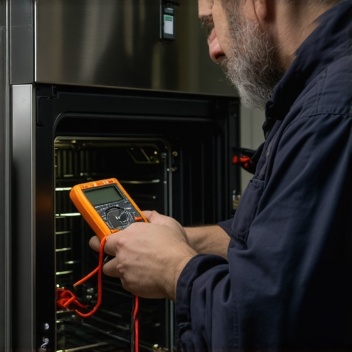 Technician testing oven electrical components with a digital multimeter for maintenance.
