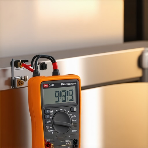A technician using a high-precision multimeter to check the electrical connections on a smart stove.