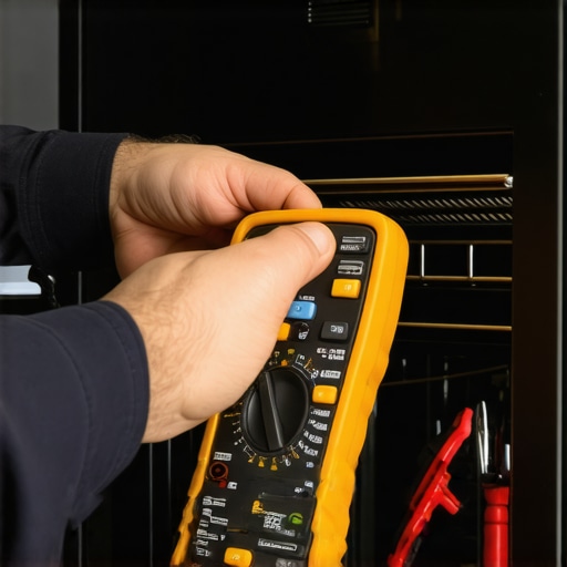 Technician using a multimeter to diagnose a wall oven electrical issue