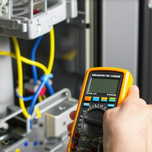 A technician using a multimeter to test a dishwasher's electrical components