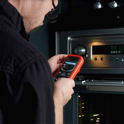 Technician testing oven control board with a multimeter to diagnose a stuck door latch.