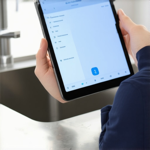 Technician checking garbage disposal specifications on a tablet for same-day service