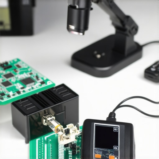 A professional soldering iron and circuit board on a technician's workbench.