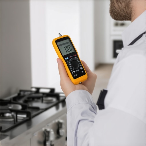 An expert appliance technician using a multimeter to diagnose a gas range oven ignition issue.