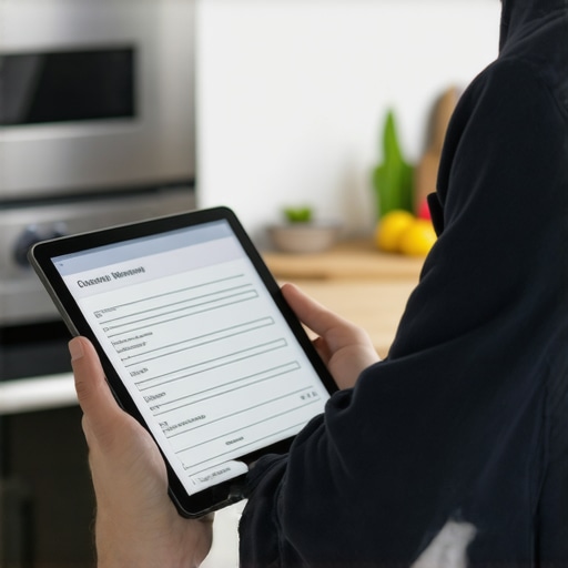 A service technician explaining appliance maintenance logs and warranty requirements to a homeowner.