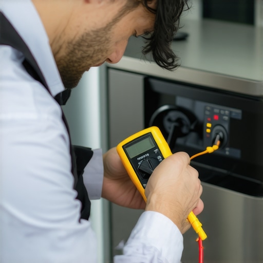 Technician checking electrical voltage for a kitchen range repair