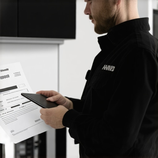 A technician checking a warranty document and installation receipt to ensure service coverage.