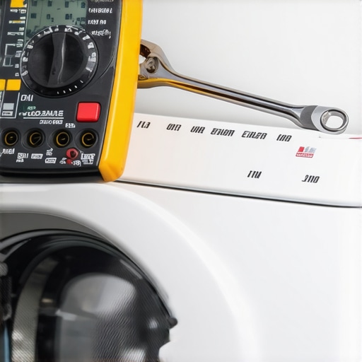 A digital multimeter and service wrench used for DIY washing machine repair and maintenance.