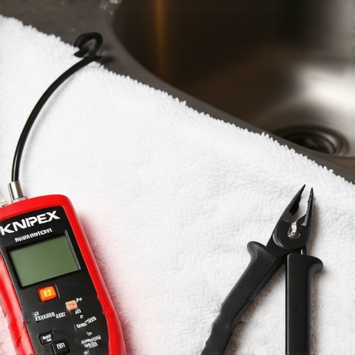 A voltage tester and wire strippers being used to safely install a garbage disposal.