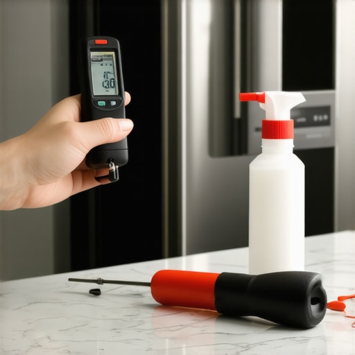 Using a digital probe thermometer to measure freezer seal temperature for air leaks.