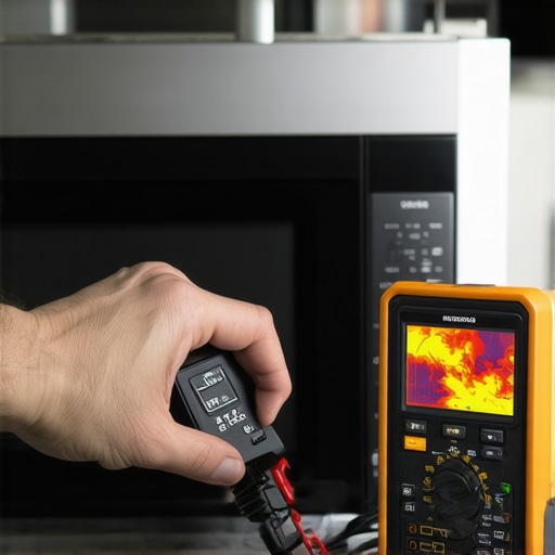 A homeowner using a multimeter and thermal camera to check a built-in microwave for electrical and heat issues.