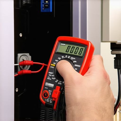 Technician testing a 240V stove outlet with a multimeter to diagnose heating issues.