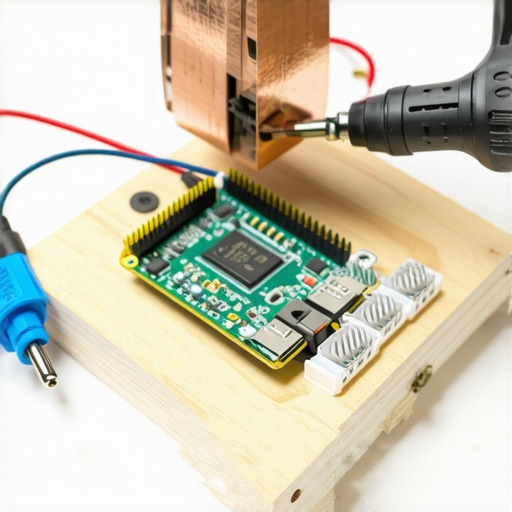 Professional Wiring and Tool Setup for Smart Mirror Maintenance A technician using a soldering iron and cable clips to organize wiring inside a smart mirror frame on a workbench.