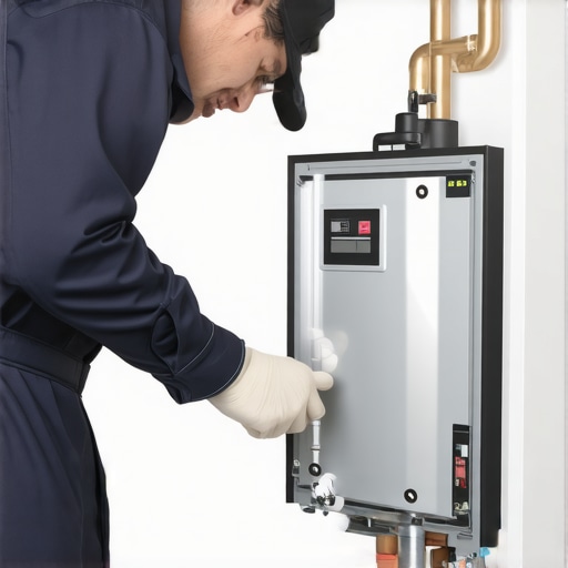 A technician performing professional maintenance on a water heater to preserve the warranty