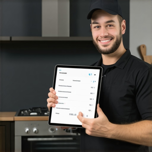 Technician verifying oven warranty service history on a tablet