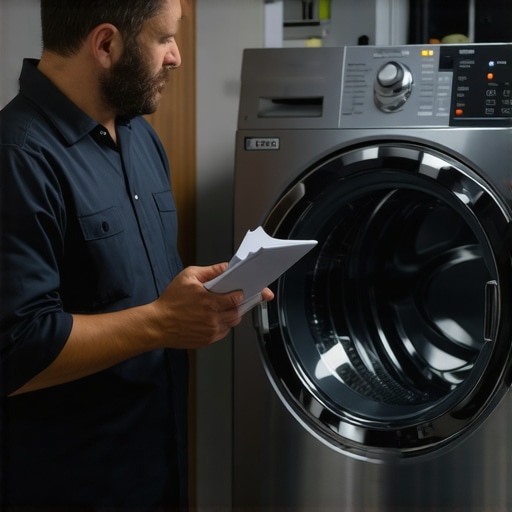 Technician checking appliance repair warranty paperwork in a laundry room
