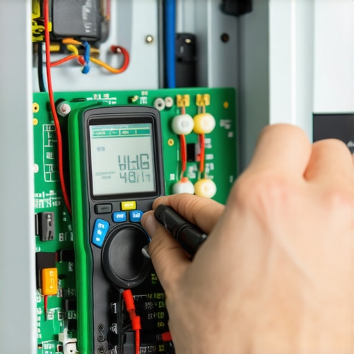 A technician using a multimeter on an appliance circuit board