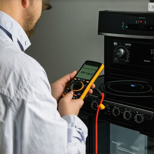 Technician checking induction stove electrical settings and leveling