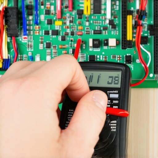 Technician using a multimeter to check the circuit board of a smart appliance during a repair.